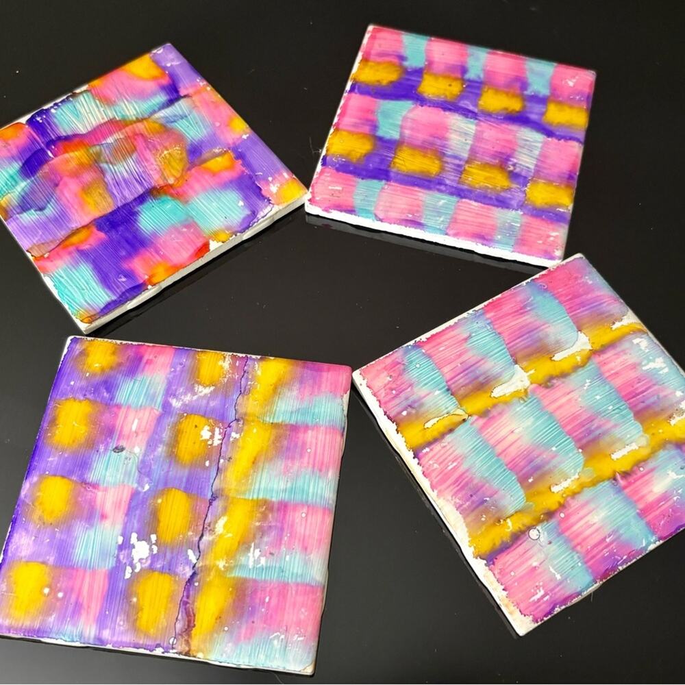 🌈 Handmade Checkered Alcohol Ink Coaster Set  Vibrant Colorful Art Set of 4 🌈